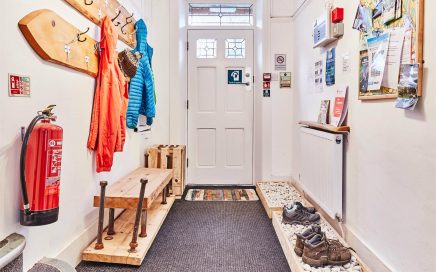 Entryway at Earby Hostel.  The large entrance has plenty of room for coats and muddy boots